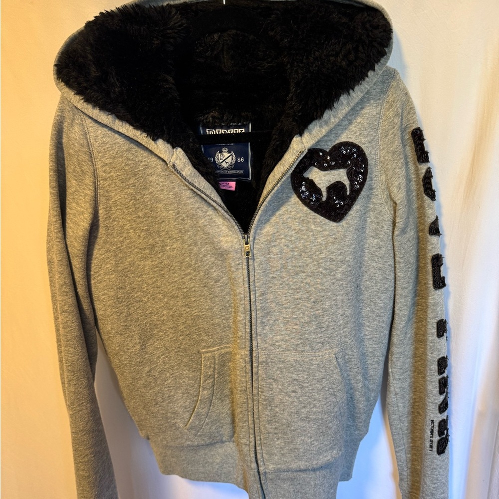 PINK Victoria's Secret Gray Hoodie with Black Sequin Heart